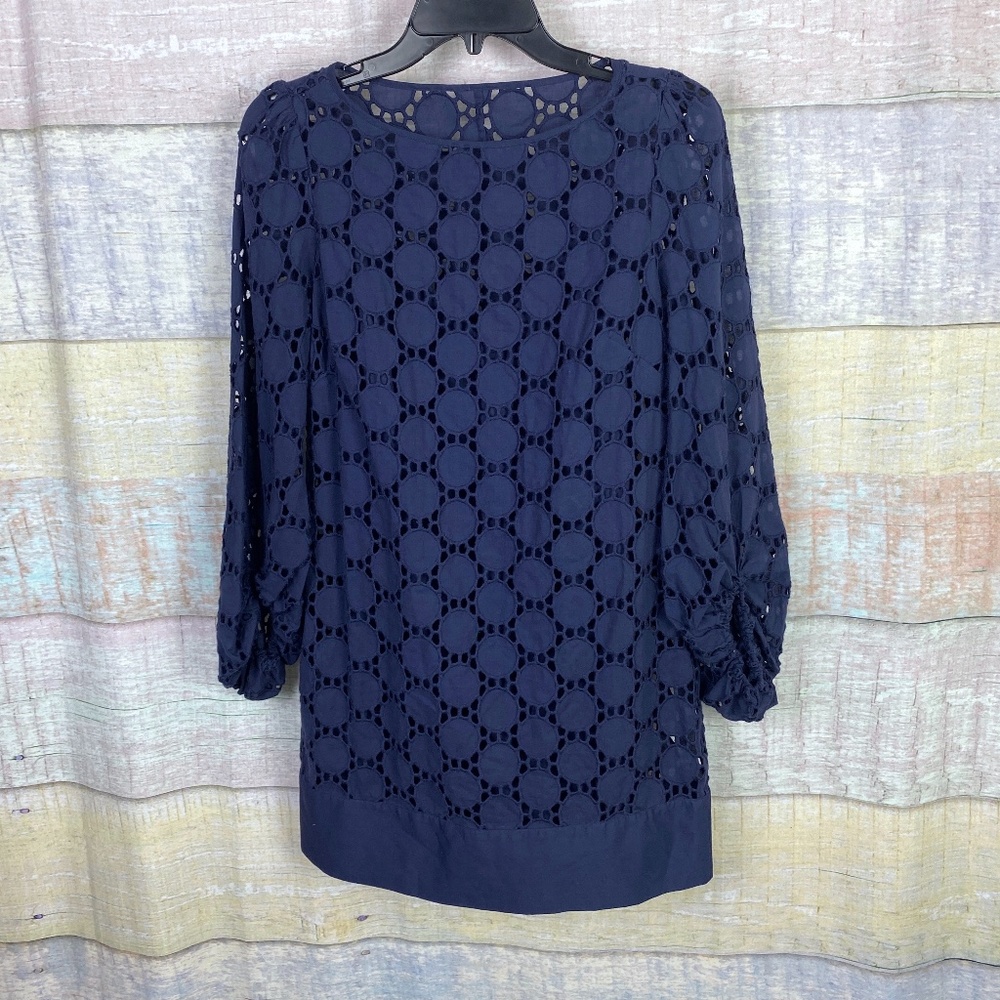 Laundry by Shelli Segal Eyelet Overlay Flounce Sleeve Mini Dress in Navy…